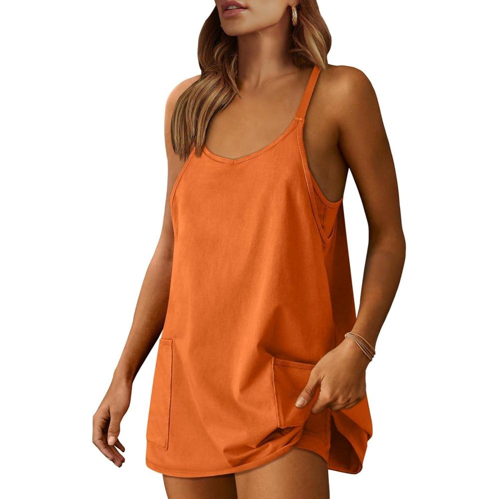 imageCaracilia Womens Summer Athletic Mini Dress Casual Sleeveless Built in Shapewear Romper Short Sundress Tennis Workout OutfitsTangerine Orange