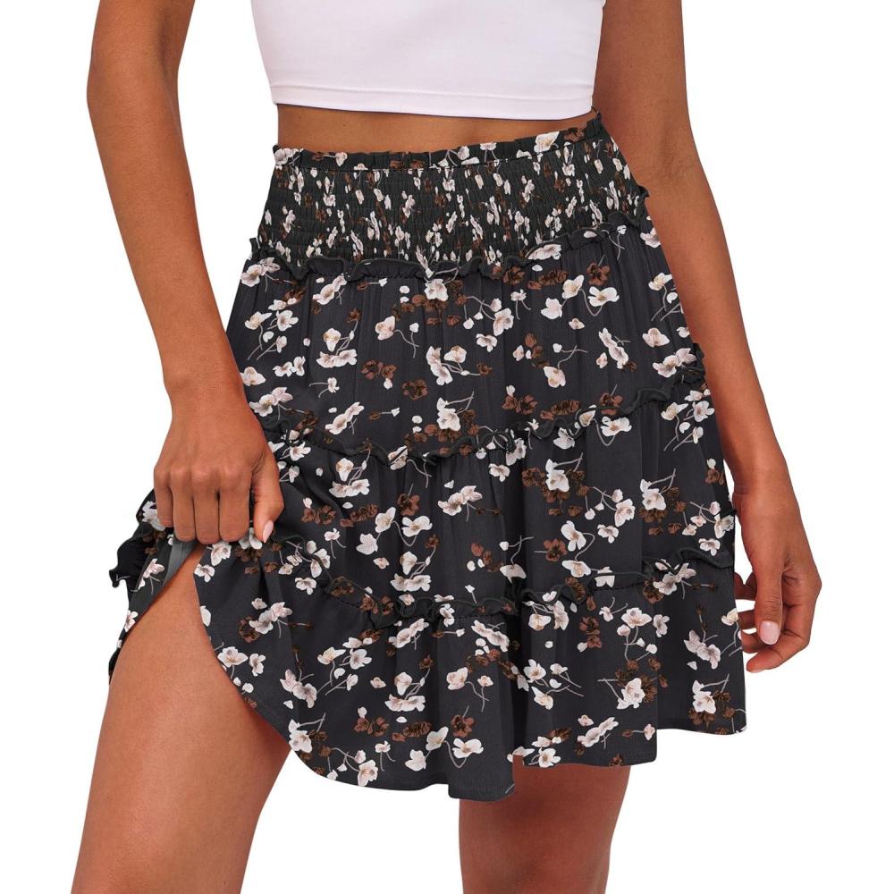 imageCaracilia Womens Summer Flowy Mini Skorts Skirts High Waist Ruffle Tiered Casual Cute Boho Beach Short Skirts Builtin ShortsBlack Floral