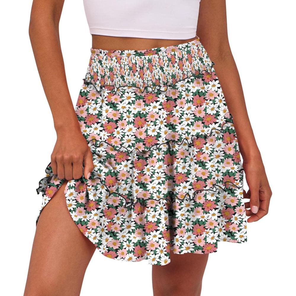 imageCaracilia Womens Summer Flowy Mini Skorts Skirts High Waist Ruffle Tiered Casual Cute Boho Beach Short Skirts Builtin ShortsWhite Pink Floral