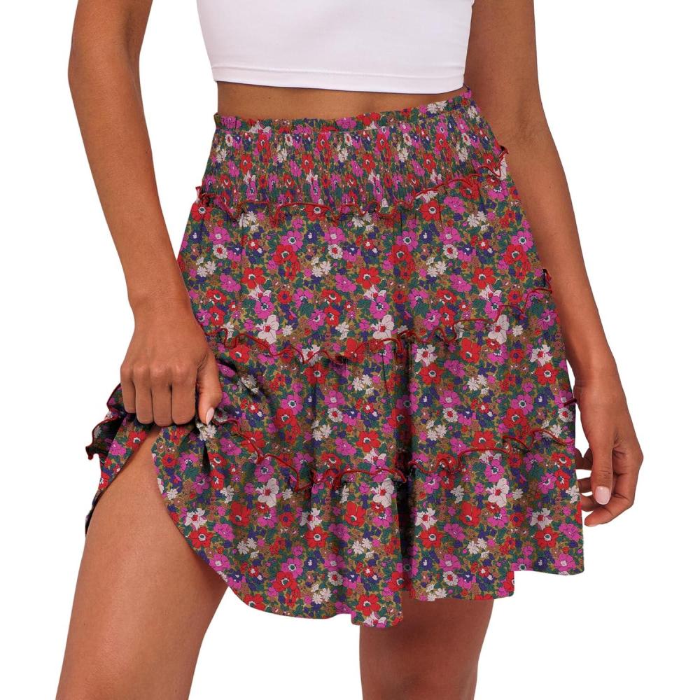 imageCaracilia Womens Summer Flowy Mini Skorts Skirts High Waist Ruffle Tiered Casual Cute Boho Beach Short Skirts Builtin ShortsWhite Red Floral