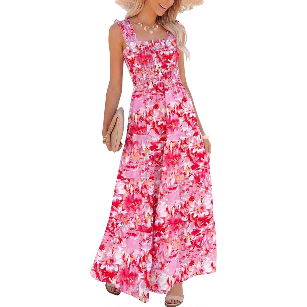 imageCaracilia Womens Summer Maxi Dresses Floral Smocked Sleeveless Ruffle Boho Casual Flowy Aline Beach Vacation Long SundressRose Red Floral