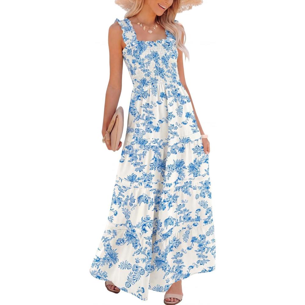 imageCaracilia Womens Summer Maxi Dresses Floral Smocked Sleeveless Ruffle Boho Casual Flowy Aline Beach Vacation Long SundressWhite Blue Floral