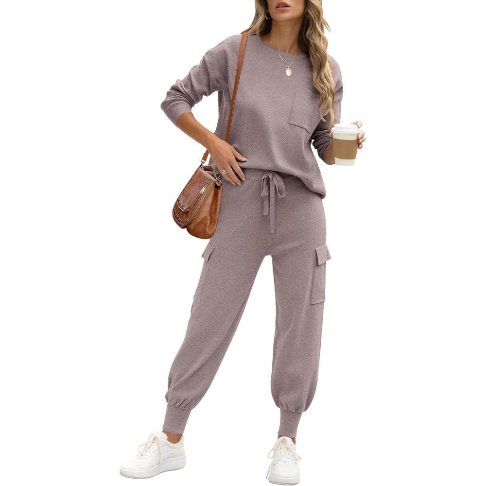 imageCaracilia Womens Two Piece Outfits Sweater Sets Long Sleeve Knit Tops Matching Cargo Jogger Pants 2025 Fall Lounge Sets Khaki Medium