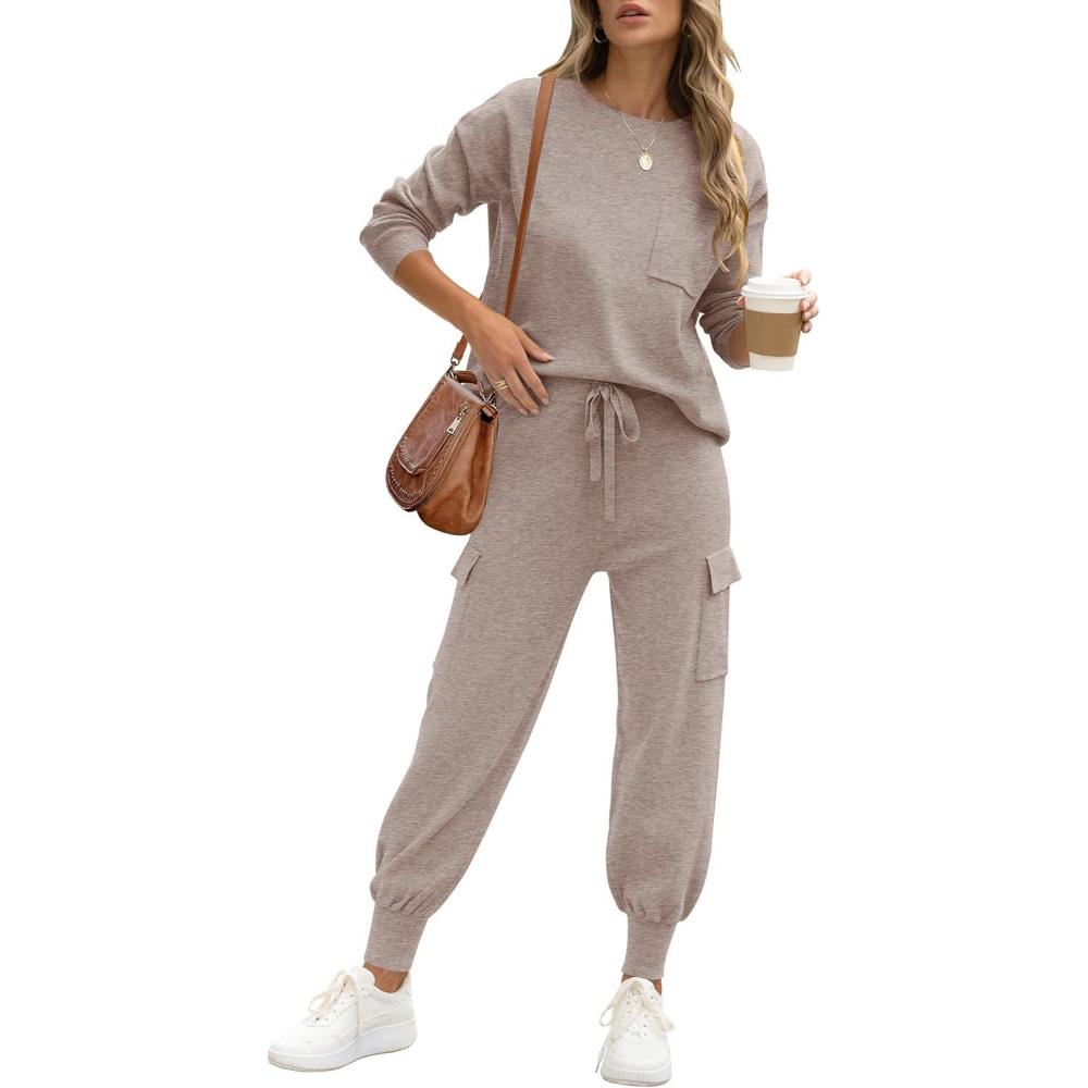imageCaracilia Womens Two Piece Outfits Sweater Sets Long Sleeve Knit Tops Matching Cargo Jogger Pants 2025 Fall Lounge Sets Light Coffeegrey Large