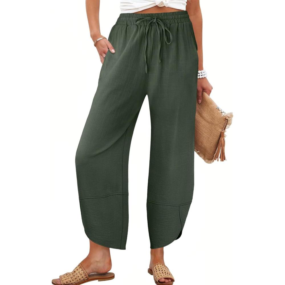 imageCaracilia Womens Wide Leg Capri Palazzo Pants Drawstring Casual Lounge Flowy Summer Beach Vacation Crop Trousers with PocketsDeep Green