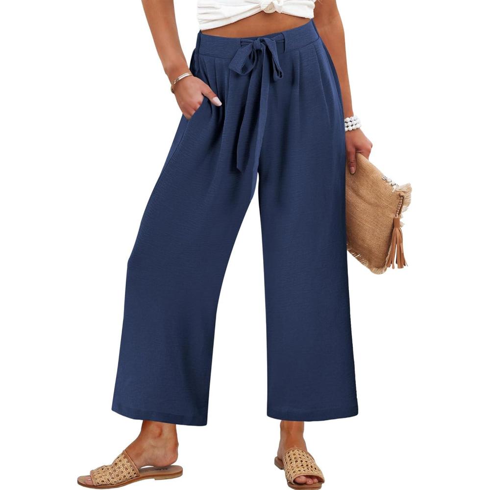 imageCaracilia Womens Wide Leg Palazzo Pants Cropped High Waisted 2026 Summer Casual Loose Lounge Flowy Travel Work TrousersNavy Blue