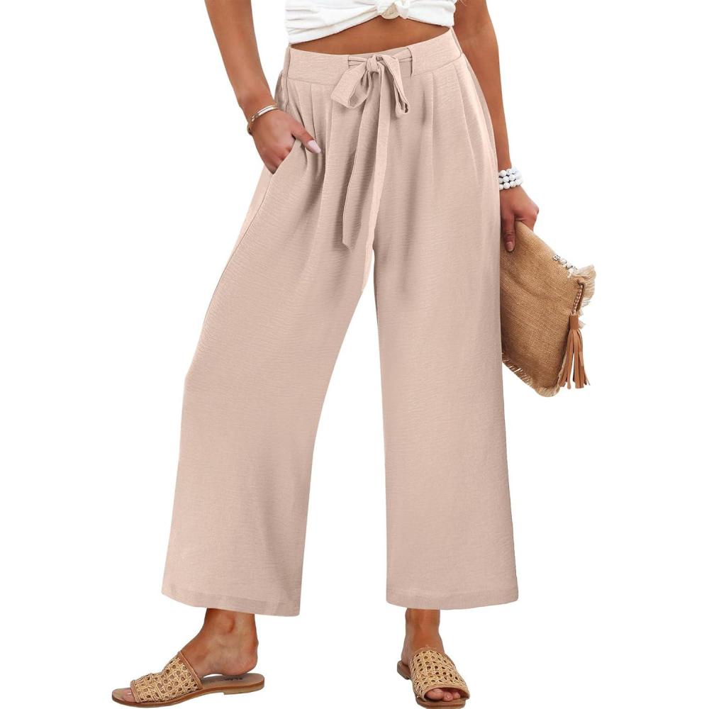 imageCaracilia Womens Wide Leg Palazzo Pants Cropped High Waisted 2026 Summer Casual Loose Lounge Flowy Travel Work TrousersParchment