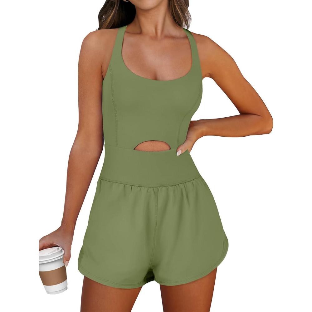 imageCaracilia Womens Workout Athletic Romper Summer Sets Short Jumpsuits Onesie Running Outfits Exercise Gym 2026 Trendy ClothesArmy Green
