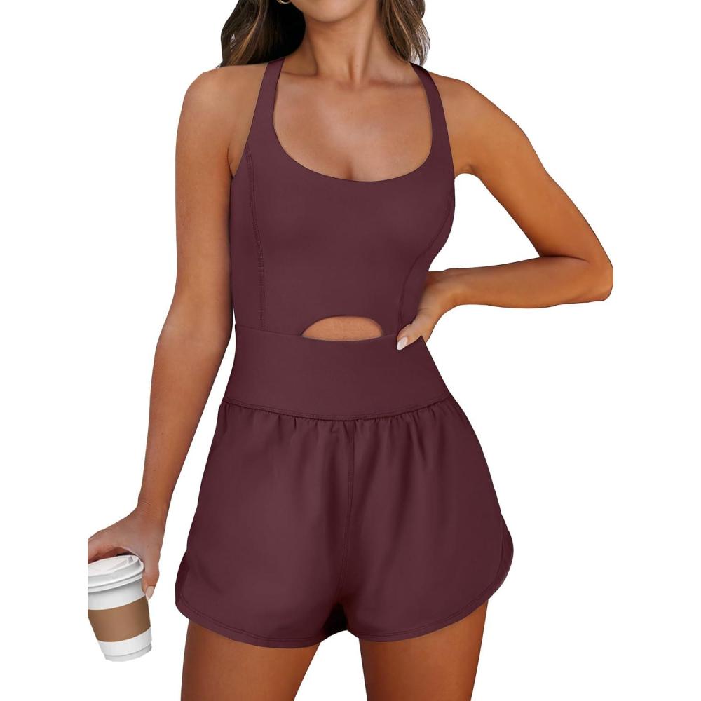 imageCaracilia Womens Workout Athletic Romper Summer Sets Short Jumpsuits Onesie Running Outfits Exercise Gym 2026 Trendy ClothesDeep Red Brown