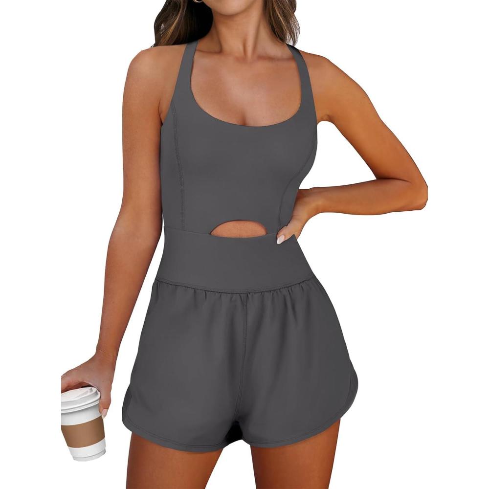 imageCaracilia Womens Workout Athletic Romper Summer Sets Short Jumpsuits Onesie Running Outfits Exercise Gym 2026 Trendy ClothesGrey