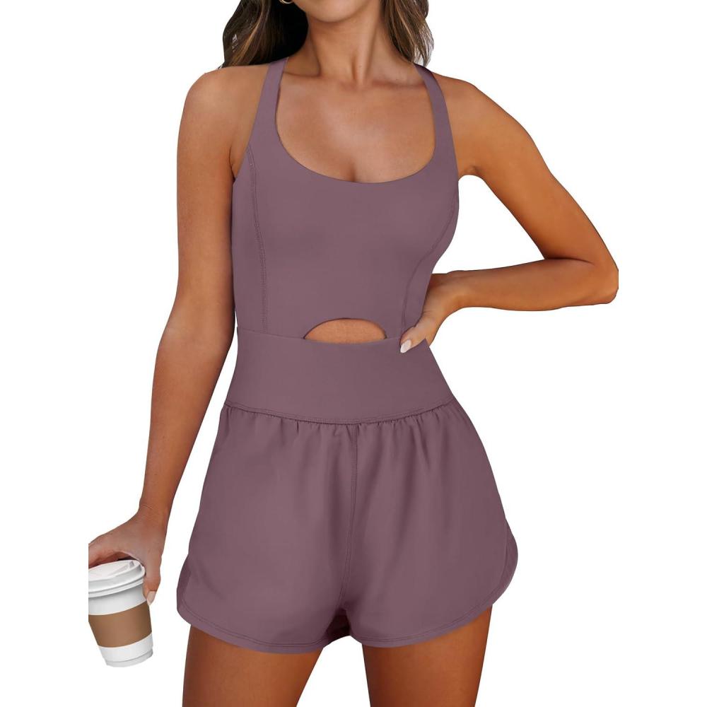 imageCaracilia Womens Workout Athletic Romper Summer Sets Short Jumpsuits Onesie Running Outfits Exercise Gym 2026 Trendy ClothesNutmeg
