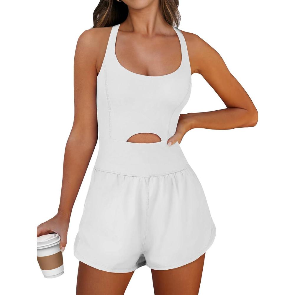 imageCaracilia Womens Workout Athletic Romper Summer Sets Short Jumpsuits Onesie Running Outfits Exercise Gym 2026 Trendy ClothesWhite