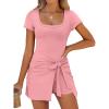 imageCaracilia Women Summer Short Sleeve Square Neck Bodycon Tie Cinched Waist Romper Mini Dress Athletic Night Out Vacation DressCoral