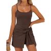 imageCaracilia Womens Summer Spaghetti Strap Tennis Dress Tie Waist Romper Skorts Bodycon Athletic Mini Dresses Built in ShortsCoffee
