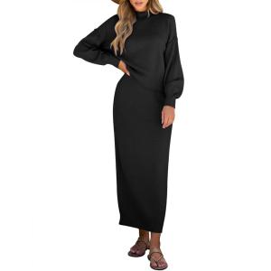 Caracilia 2 Piece Skirt Set for Women Sweater Dress Long Sleeve Oversized Tops Matching Maxi Skirts 2025 Fall Outfits Clothes(Black)