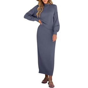 Caracilia 2 Piece Skirt Set for Women Sweater Dress Long Sleeve Oversized Tops Matching Maxi Skirts 2025 Fall Outfits Clothes(Blue Grey)