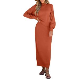 Caracilia 2 Piece Skirt Set for Women Sweater Dress Long Sleeve Oversized Tops Matching Maxi Skirts 2025 Fall Outfits Clothes(Brick Red)