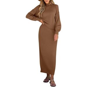 Caracilia 2 Piece Skirt Set for Women Sweater Dress Long Sleeve Oversized Tops Matching Maxi Skirts 2025 Fall Outfits Clothes(Dark Brown)