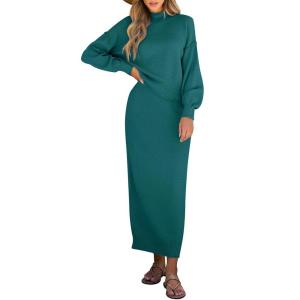 Caracilia 2 Piece Skirt Set for Women Sweater Dress Long Sleeve Oversized Tops Matching Maxi Skirts 2025 Fall Outfits Clothes(Green)