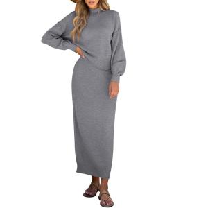 Caracilia 2 Piece Skirt Set for Women Sweater Dress Long Sleeve Oversized Tops Matching Maxi Skirts 2025 Fall Outfits Clothes(Grey)