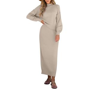 Caracilia 2 Piece Skirt Set for Women Sweater Dress Long Sleeve Oversized Tops Matching Maxi Skirts 2025 Fall Outfits Clothes(Khaki)