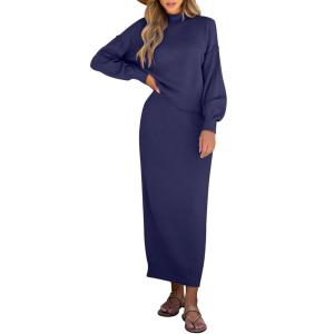 Caracilia 2 Piece Skirt Set for Women Sweater Dress Long Sleeve Oversized Tops Matching Maxi Skirts 2025 Fall Outfits Clothes(Navy Blue)