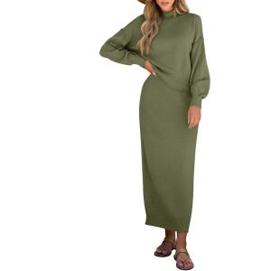 Caracilia 2 Piece Skirt Set for Women Sweater Dress Long Sleeve Oversized Tops Matching Maxi Skirts 2025 Fall Outfits Clothes(Pea Green)