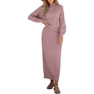 Caracilia 2 Piece Skirt Set for Women Sweater Dress Long Sleeve Oversized Tops Matching Maxi Skirts 2025 Fall Outfits Clothes(Pink)