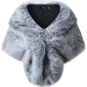 Caracilia Faux Fur Shawl Wrap Stole Shrug Winter Bridal Wedding Cover Up(Fox Grey / Black)