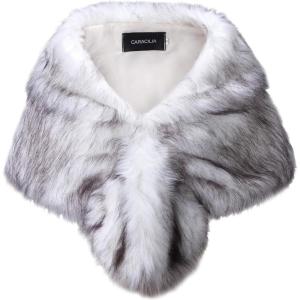 Caracilia Faux Fur Shawl Wrap Stole Shrug Winter Bridal Wedding Cover Up(White Fox)