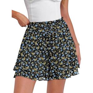 Caracilia Skorts for Women Boho Casual Beach Mini Skirts Summer Floral Ruffle Chiffon Flowy Shorts 2026 Trendy Outfits(Black Blue Floral)