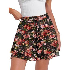 Caracilia Skorts for Women Boho Casual Beach Mini Skirts Summer Floral Ruffle Chiffon Flowy Shorts 2026 Trendy Outfits(Black Orange Floral)