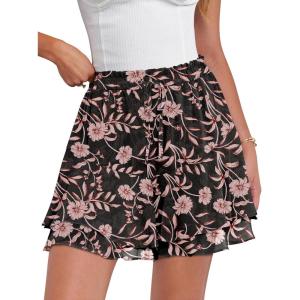 Caracilia Skorts for Women Boho Casual Beach Mini Skirts Summer Floral Ruffle Chiffon Flowy Shorts 2026 Trendy Outfits(Black Pink Floral)