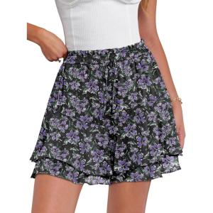 Caracilia Skorts for Women Boho Casual Beach Mini Skirts Summer Floral Ruffle Chiffon Flowy Shorts 2026 Trendy Outfits(Black Purple Floral)