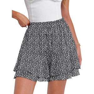 Caracilia Skorts for Women Boho Casual Beach Mini Skirts Summer Floral Ruffle Chiffon Flowy Shorts 2026 Trendy Outfits(Black White Floral)