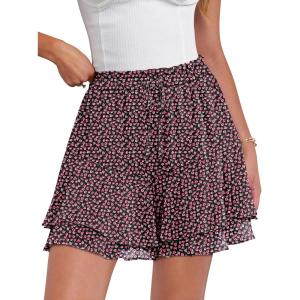 Caracilia Skorts for Women Boho Casual Beach Mini Skirts Summer Floral Ruffle Chiffon Flowy Shorts 2026 Trendy Outfits(Black With Floral Pink)