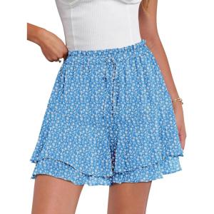 Caracilia Skorts for Women Boho Casual Beach Mini Skirts Summer Floral Ruffle Chiffon Flowy Shorts 2026 Trendy Outfits(Blue White Floral)
