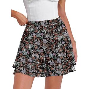 Caracilia Skorts for Women Boho Casual Beach Mini Skirts Summer Floral Ruffle Chiffon Flowy Shorts 2026 Trendy Outfits(Brown Pink Floral)