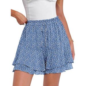 Caracilia Skorts for Women Boho Casual Beach Mini Skirts Summer Floral Ruffle Chiffon Flowy Shorts 2026 Trendy Outfits(Dark Blue White Floral)