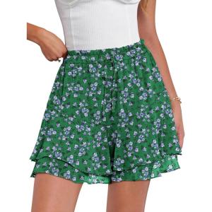 Caracilia Skorts for Women Boho Casual Beach Mini Skirts Summer Floral Ruffle Chiffon Flowy Shorts 2026 Trendy Outfits(Green Purple Floral)