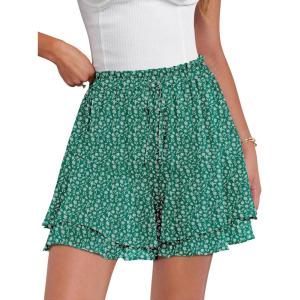 Caracilia Skorts for Women Boho Casual Beach Mini Skirts Summer Floral Ruffle Chiffon Flowy Shorts 2026 Trendy Outfits(Green White Floral)