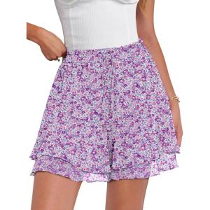Caracilia Skorts for Women Boho Casual Beach Mini Skirts Summer Floral Ruffle Chiffon Flowy Shorts 2026 Trendy Outfits(Purple Floral)