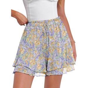 Caracilia Skorts for Women Boho Casual Beach Mini Skirts Summer Floral Ruffle Chiffon Flowy Shorts 2026 Trendy Outfits(Purple Yellow Floral)