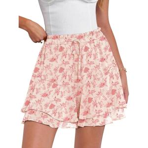 Caracilia Skorts for Women Boho Casual Beach Mini Skirts Summer Floral Ruffle Chiffon Flowy Shorts 2026 Trendy Outfits(Red Leaf)
