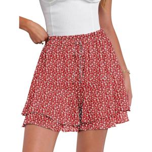Caracilia Skorts for Women Boho Casual Beach Mini Skirts Summer Floral Ruffle Chiffon Flowy Shorts 2026 Trendy Outfits(Red White Floral)