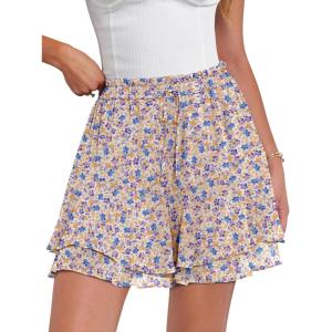Caracilia Skorts for Women Boho Casual Beach Mini Skirts Summer Floral Ruffle Chiffon Flowy Shorts 2026 Trendy Outfits(White Blue Floral)