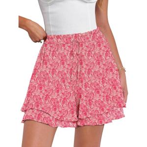 Caracilia Skorts for Women Boho Casual Beach Mini Skirts Summer Floral Ruffle Chiffon Flowy Shorts 2026 Trendy Outfits(White Red Floral)