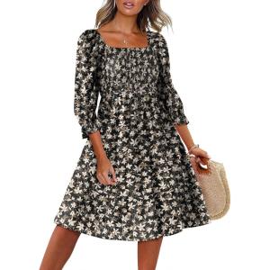 Caracilia Women 3/4 Sleeve Square Neck 2026 Summer Fall Wedding Guest Floral Smocked Casual Boho Midi Dresses(Black White Floral)