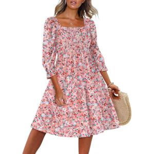 Caracilia Women 3/4 Sleeve Square Neck 2026 Summer Fall Wedding Guest Floral Smocked Casual Boho Midi Dresses(Floral Blue Pink)