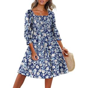 Caracilia Women 3/4 Sleeve Square Neck 2026 Summer Fall Wedding Guest Floral Smocked Casual Boho Midi Dresses(Floral White)